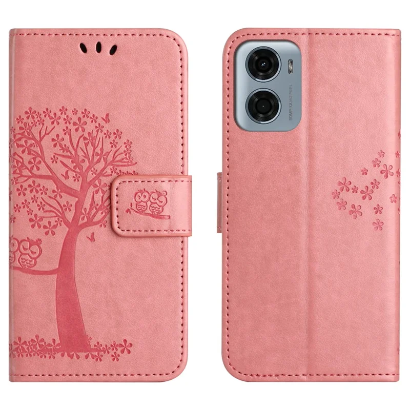 For Motorola Moto G06 Power 4G / G06 4G Case PU Leather Owl Tree Imprinted Wallet Phone Cover with Strap - Pink