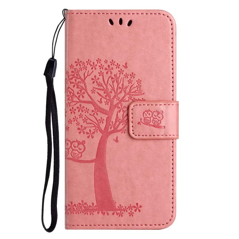 For Motorola Moto G06 Power 4G / G06 4G Case PU Leather Owl Tree Imprinted Wallet Phone Cover with Strap - Pink