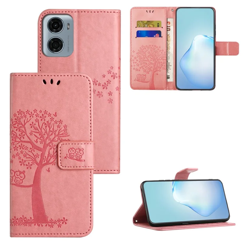 For Motorola Moto G06 Power 4G / G06 4G Case PU Leather Owl Tree Imprinted Wallet Phone Cover with Strap - Pink