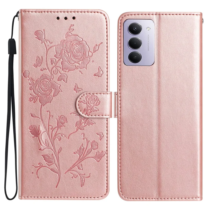 Flip Case til Xiaomi Redmi 15 4G (EU) (171 mm) med wallet og rosemønster, læder, stand og stropløsning - Rosenød