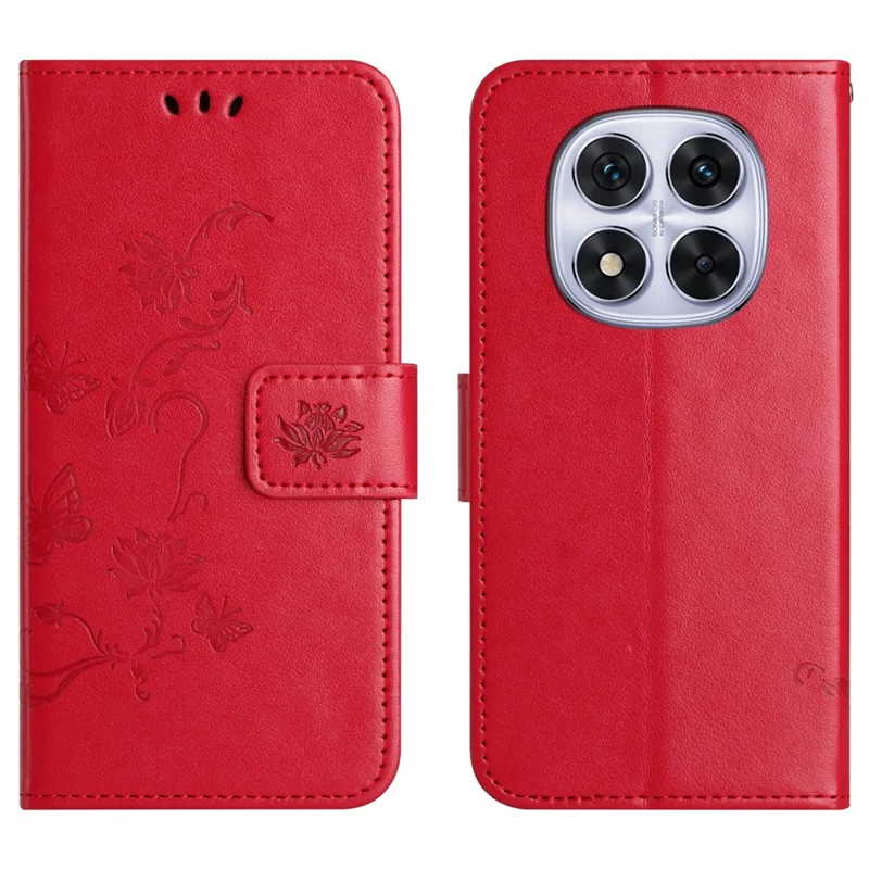 For Xiaomi Poco M8 5G / Redmi Note 15 5G (Global) Case Wallet Stand Imprinted Butterfly Flower PU Leather Phone Cover - Red