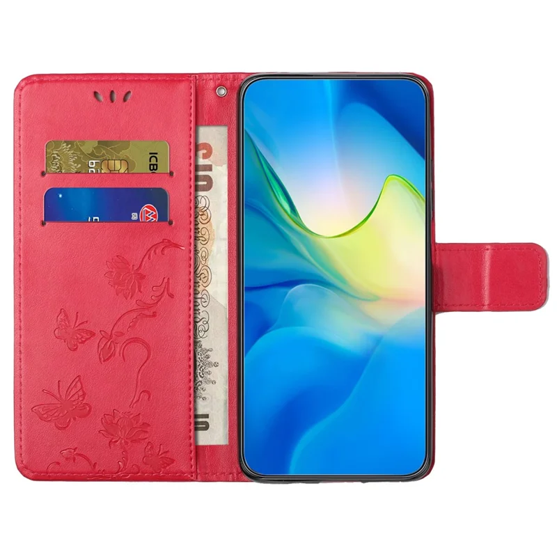 For Xiaomi Poco M8 5G / Redmi Note 15 5G (Global) Case Wallet Stand Imprinted Butterfly Flower PU Leather Phone Cover - Red