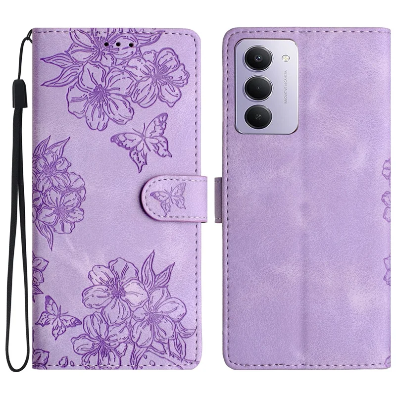 Til Xiaomi Redmi 15 4G (EU) (171 mm) Tasker med sommerfugl- og blomstermønster, PU-læder med silketak, Telefonbeskytter – Lilla