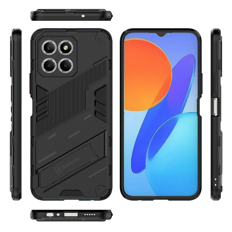 Funda de teléfono con pata para Honor X8 5G, cubierta protectora híbrida de PC duro + TPU blando anti-caída - Negro
