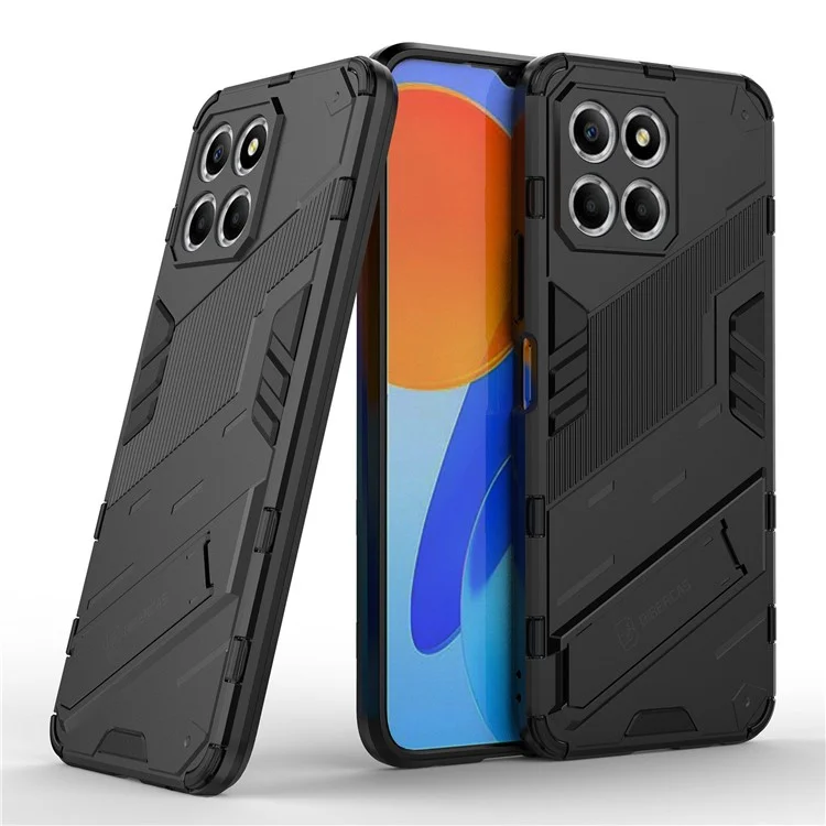 Funda de teléfono con pata para Honor X8 5G, cubierta protectora híbrida de PC duro + TPU blando anti-caída - Negro