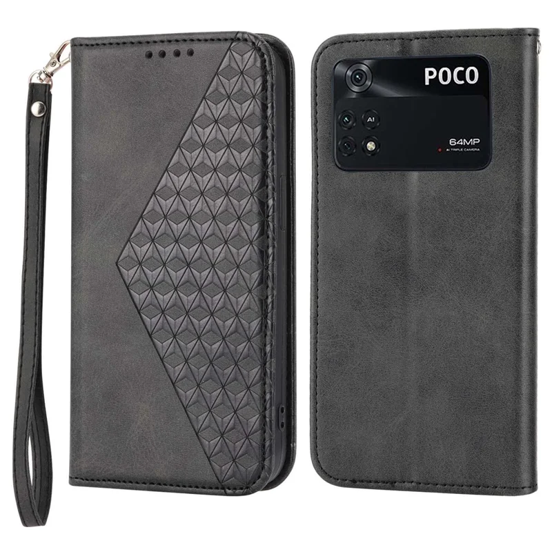 For Xiaomi Poco X4 Pro 5G Imprinted Rhombus Pattern Phone Stand Case Calf Texture PU Leather Wallet Magnetic Closure Cover with Strap - Black