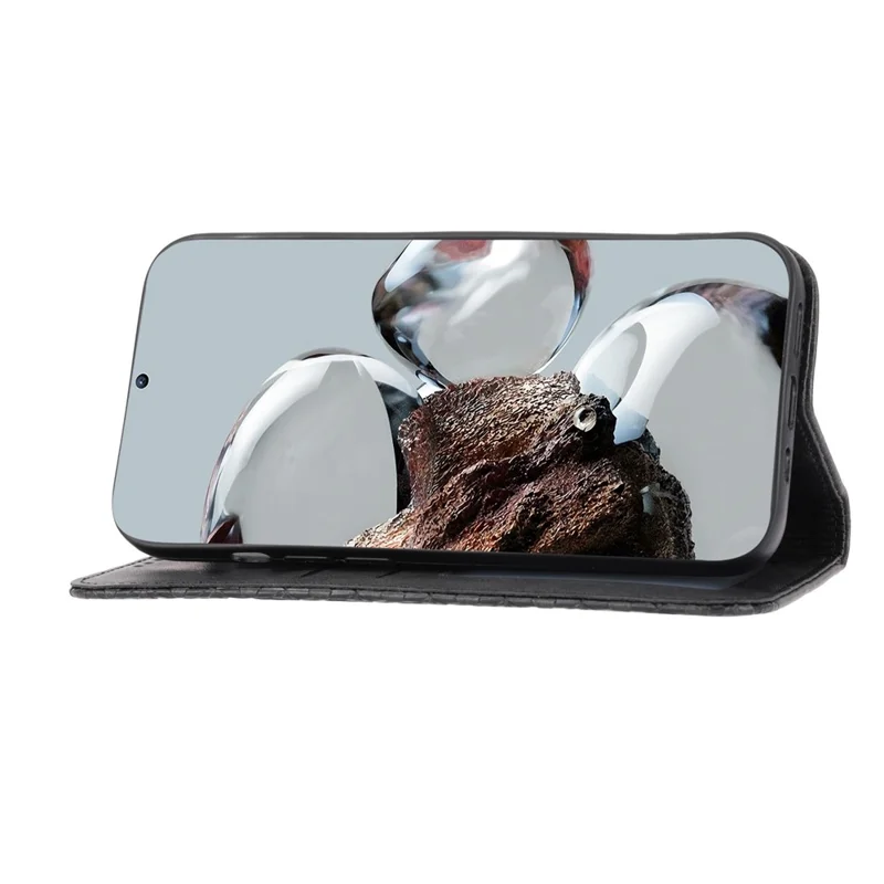 For Xiaomi Poco X4 Pro 5G Imprinted Rhombus Pattern Phone Stand Case Calf Texture PU Leather Wallet Magnetic Closure Cover with Strap - Black