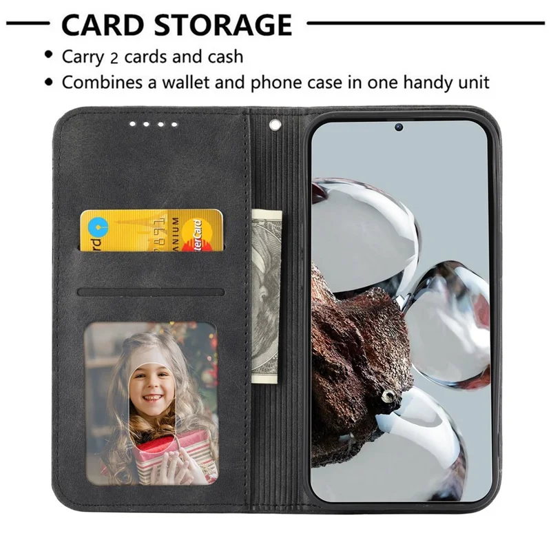 For Xiaomi Poco X4 Pro 5G Imprinted Rhombus Pattern Phone Stand Case Calf Texture PU Leather Wallet Magnetic Closure Cover with Strap - Black