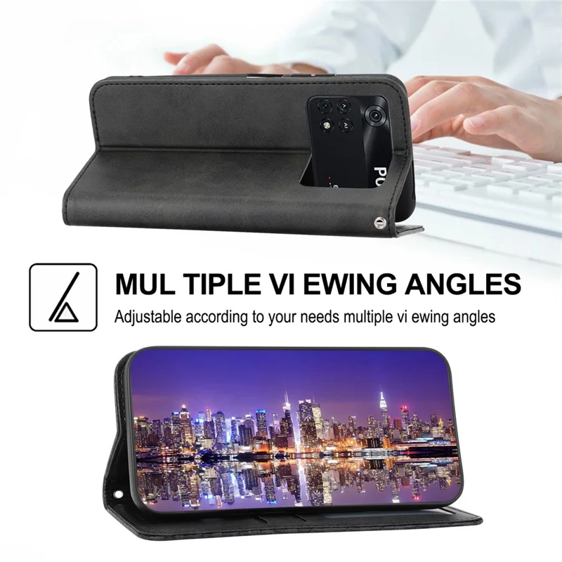 For Xiaomi Poco X4 Pro 5G Imprinted Rhombus Pattern Phone Stand Case Calf Texture PU Leather Wallet Magnetic Closure Cover with Strap - Black