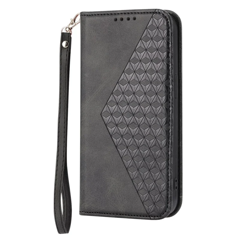 For Xiaomi Poco X4 Pro 5G Imprinted Rhombus Pattern Phone Stand Case Calf Texture PU Leather Wallet Magnetic Closure Cover with Strap - Black