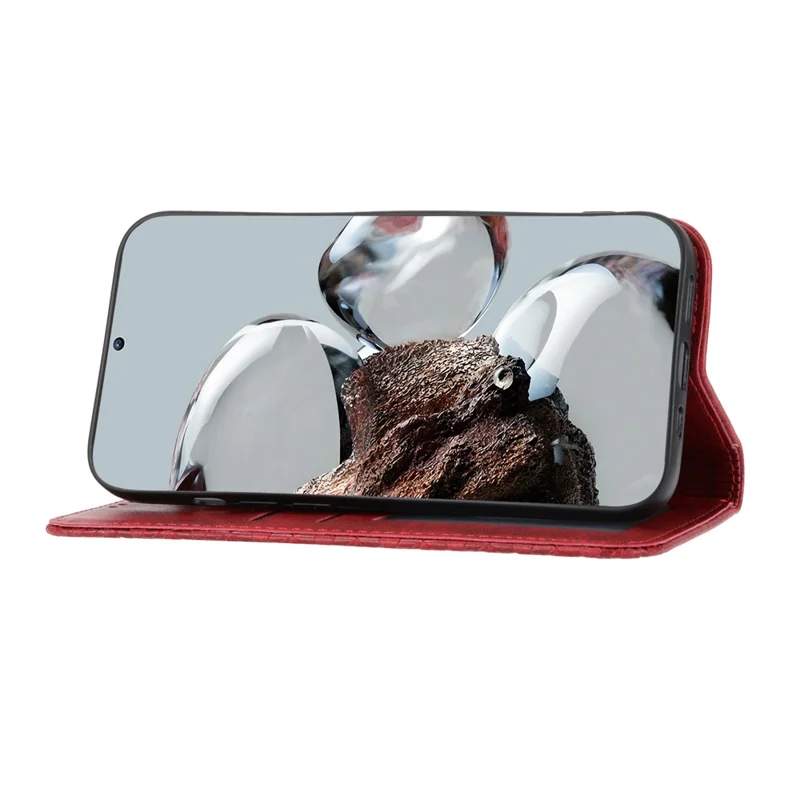 For Xiaomi Poco X4 Pro 5G Imprinted Rhombus Pattern Phone Stand Case Calf Texture PU Leather Wallet Magnetic Closure Cover with Strap - Red