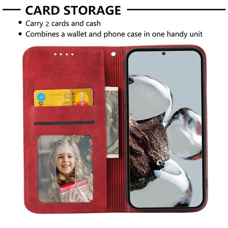 For Xiaomi Poco X4 Pro 5G Imprinted Rhombus Pattern Phone Stand Case Calf Texture PU Leather Wallet Magnetic Closure Cover with Strap - Red