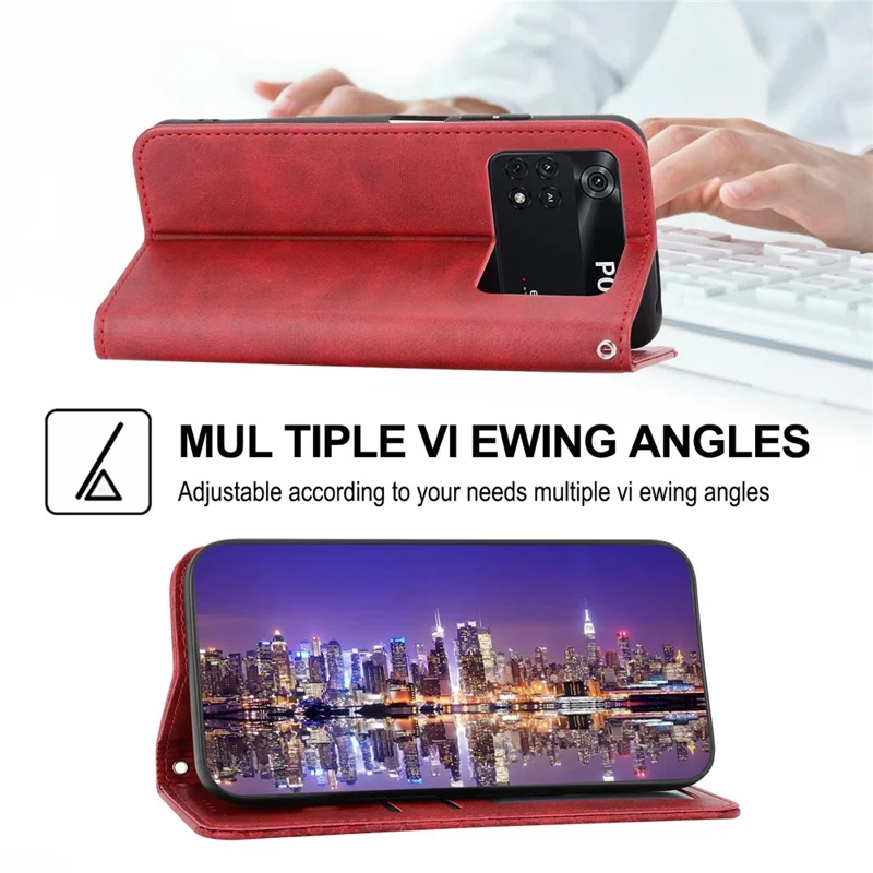 For Xiaomi Poco X4 Pro 5G Imprinted Rhombus Pattern Phone Stand Case Calf Texture PU Leather Wallet Magnetic Closure Cover with Strap - Red