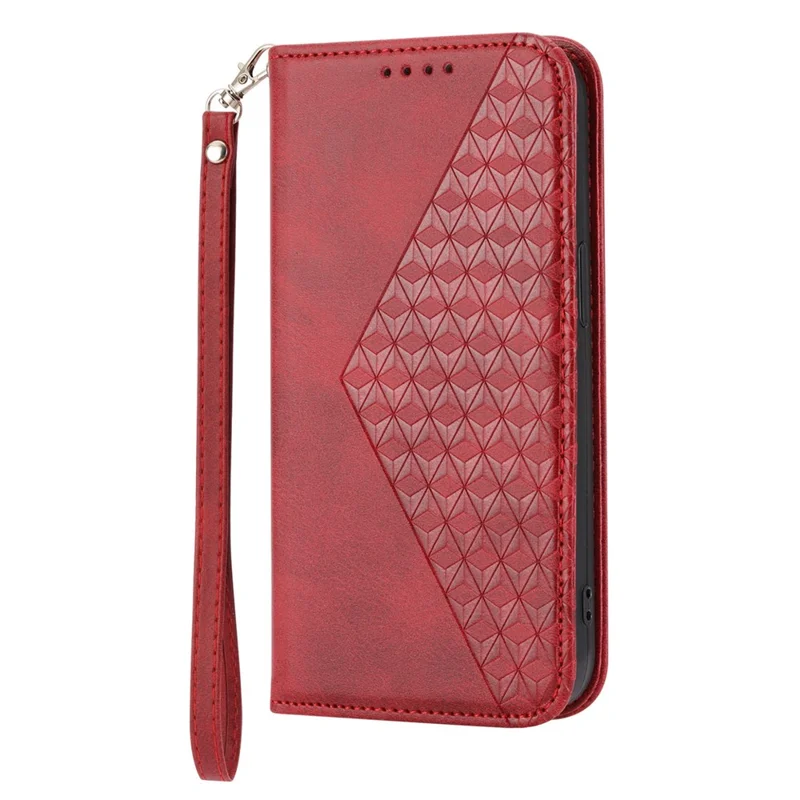 For Xiaomi Poco X4 Pro 5G Imprinted Rhombus Pattern Phone Stand Case Calf Texture PU Leather Wallet Magnetic Closure Cover with Strap - Red