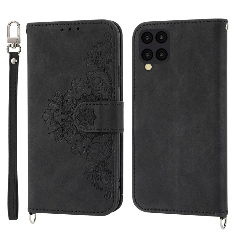 Para Samsung Galaxy A22 4G (versión de la Ue) Flores Impresas Toque de Piel Múltiples Tragamonedas Case de Teléfono PU Cubierta de Cuero Con Correa Para Muñeca y Correa Para el Hombro - Negro