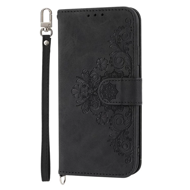 Para Samsung Galaxy A22 4G (versión de la Ue) Flores Impresas Toque de Piel Múltiples Tragamonedas Case de Teléfono PU Cubierta de Cuero Con Correa Para Muñeca y Correa Para el Hombro - Negro