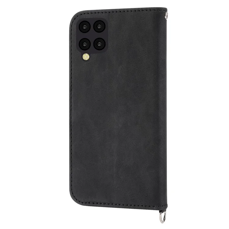 Para Samsung Galaxy A22 4G (versión de la Ue) Flores Impresas Toque de Piel Múltiples Tragamonedas Case de Teléfono PU Cubierta de Cuero Con Correa Para Muñeca y Correa Para el Hombro - Negro