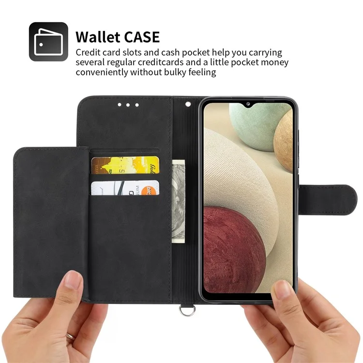 Para Samsung Galaxy A22 4G (versión de la Ue) Flores Impresas Toque de Piel Múltiples Tragamonedas Case de Teléfono PU Cubierta de Cuero Con Correa Para Muñeca y Correa Para el Hombro - Negro