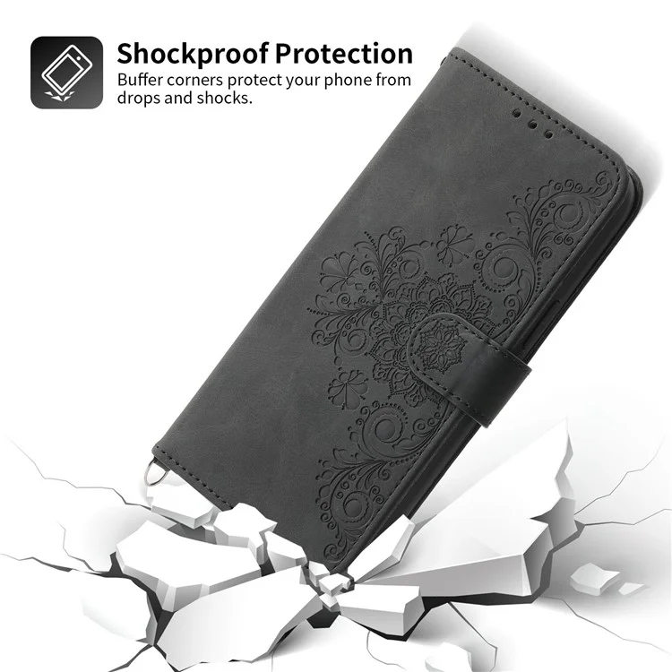 Para Samsung Galaxy A22 4G (versión de la Ue) Flores Impresas Toque de Piel Múltiples Tragamonedas Case de Teléfono PU Cubierta de Cuero Con Correa Para Muñeca y Correa Para el Hombro - Negro