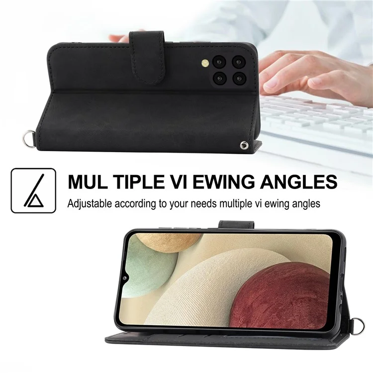 Para Samsung Galaxy A22 4G (versión de la Ue) Flores Impresas Toque de Piel Múltiples Tragamonedas Case de Teléfono PU Cubierta de Cuero Con Correa Para Muñeca y Correa Para el Hombro - Negro