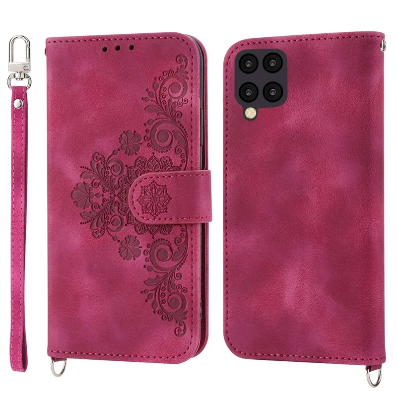 For Samsung Galaxy A22 4G (EU Version) Imprinted Flowers Skin-touch Multiple Card Slots Phone Case PU Leather Stand Wallet Cover with Wrist Strap and Shoulder Strap - Wine Red