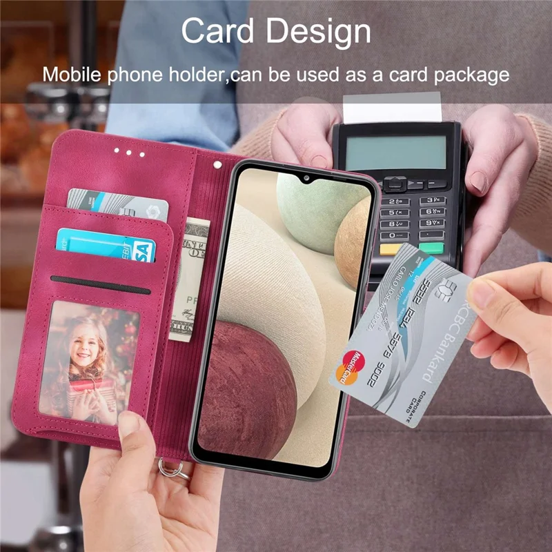 For Samsung Galaxy A22 4G (EU Version) Imprinted Flowers Skin-touch Multiple Card Slots Phone Case PU Leather Stand Wallet Cover with Wrist Strap and Shoulder Strap - Wine Red