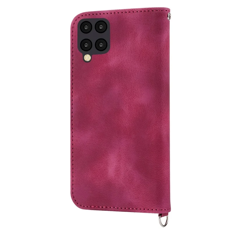 For Samsung Galaxy A22 4G (EU Version) Imprinted Flowers Skin-touch Multiple Card Slots Phone Case PU Leather Stand Wallet Cover with Wrist Strap and Shoulder Strap - Wine Red