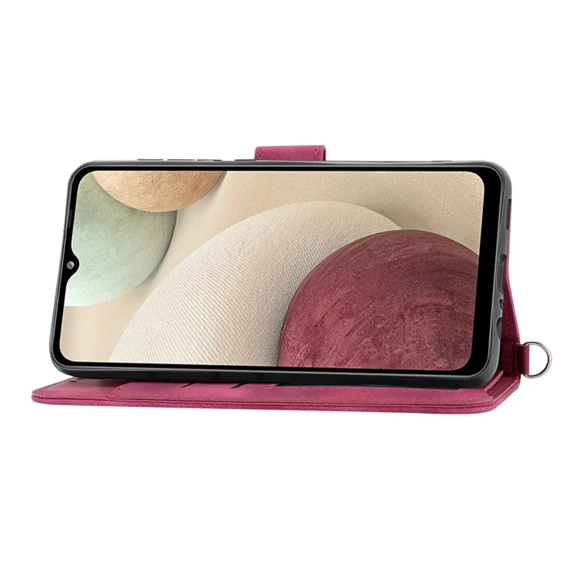 For Samsung Galaxy A22 4G (EU Version) Imprinted Flowers Skin-touch Multiple Card Slots Phone Case PU Leather Stand Wallet Cover with Wrist Strap and Shoulder Strap - Wine Red