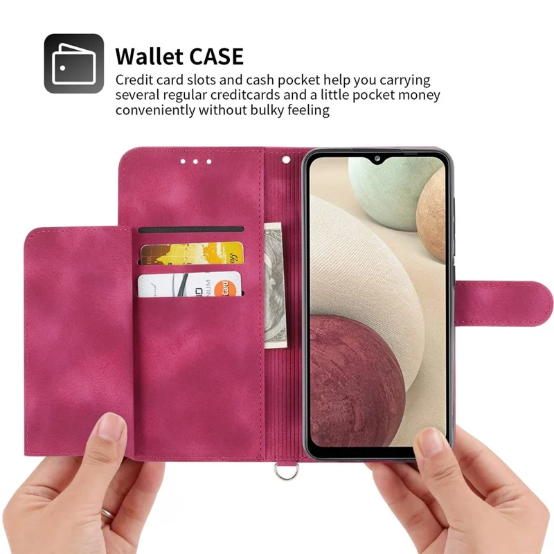 For Samsung Galaxy A22 4G (EU Version) Imprinted Flowers Skin-touch Multiple Card Slots Phone Case PU Leather Stand Wallet Cover with Wrist Strap and Shoulder Strap - Wine Red