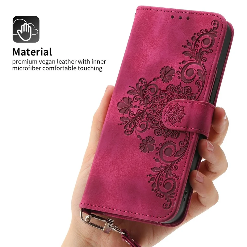 For Samsung Galaxy A22 4G (EU Version) Imprinted Flowers Skin-touch Multiple Card Slots Phone Case PU Leather Stand Wallet Cover with Wrist Strap and Shoulder Strap - Wine Red