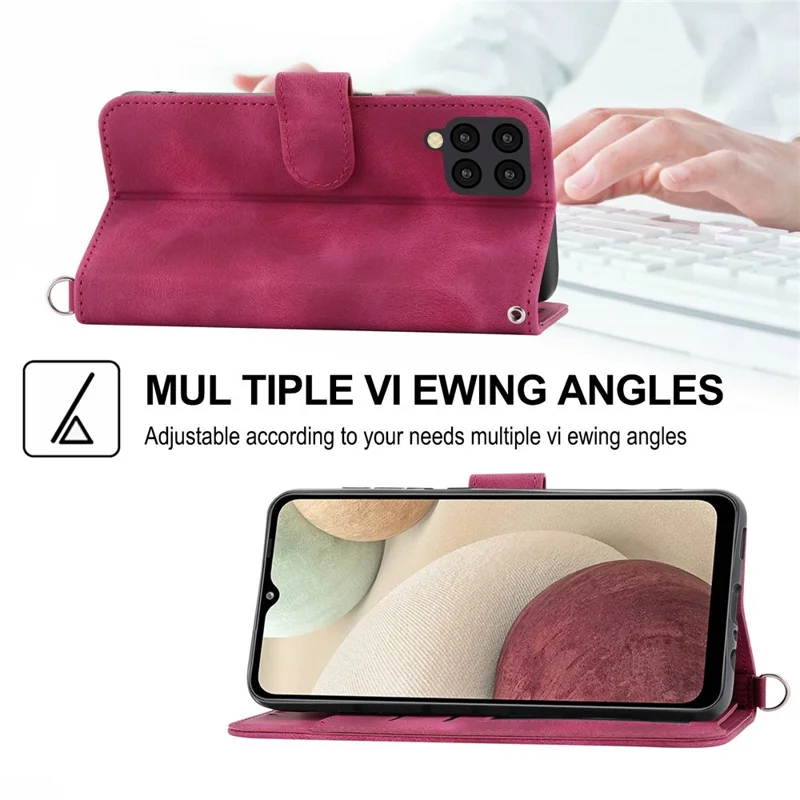 For Samsung Galaxy A22 4G (EU Version) Imprinted Flowers Skin-touch Multiple Card Slots Phone Case PU Leather Stand Wallet Cover with Wrist Strap and Shoulder Strap - Wine Red