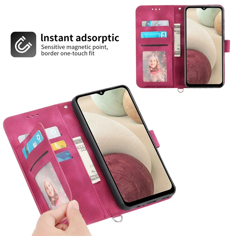 For Samsung Galaxy A22 4G (EU Version) Imprinted Flowers Skin-touch Multiple Card Slots Phone Case PU Leather Stand Wallet Cover with Wrist Strap and Shoulder Strap - Wine Red