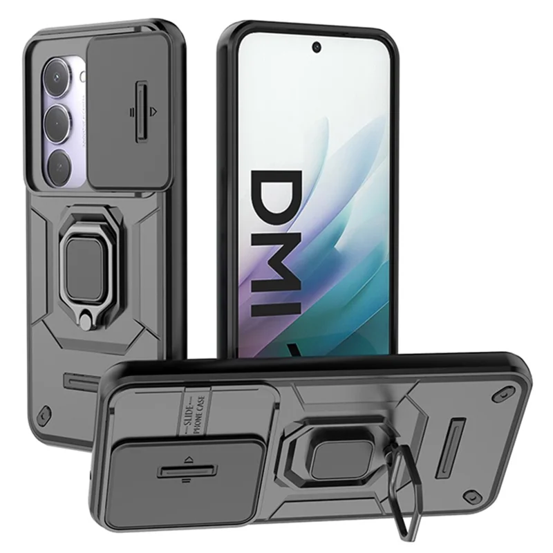 For Xiaomi Redmi 15 4G (EU) (171mm) Case PC + TPU Kickstand Phone Protector with Lens Cover - Black