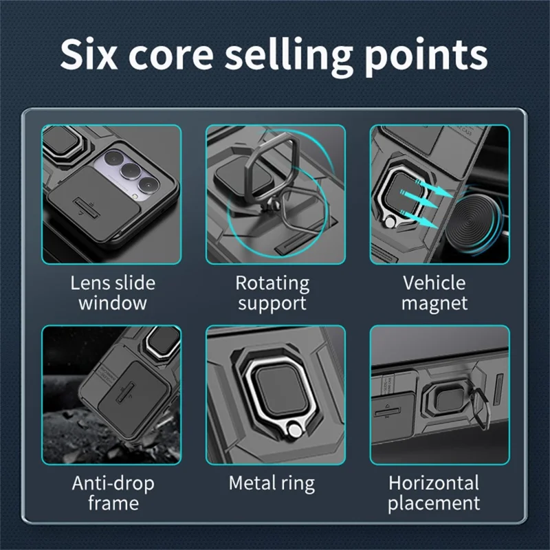 For Xiaomi Redmi 15 4G (EU) (171mm) Case PC + TPU Kickstand Phone Protector with Lens Cover - Black