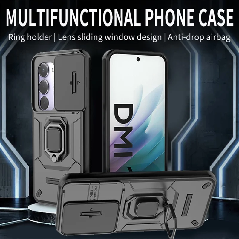 For Xiaomi Redmi 15 4G (EU) (171mm) Case PC + TPU Kickstand Phone Protector with Lens Cover - Black