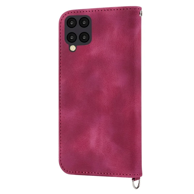 Pour Samsung Galaxy A12 Imprinted Flowers PU Leather Skin-touch Stand Phone Case Multiple Card Slots Wallet Cover with Wrist Strap and Shoulder Strap - Wine Red