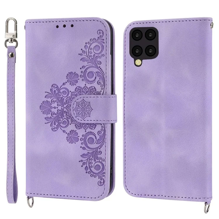 Pour Samsung Galaxy A12 Fleurs imprimées Étui en cuir PU Skin-touch Stand Étui de téléphone Fentes pour cartes multiples Portefeuille Housse avec dragonne et bandoulière - Violet clair