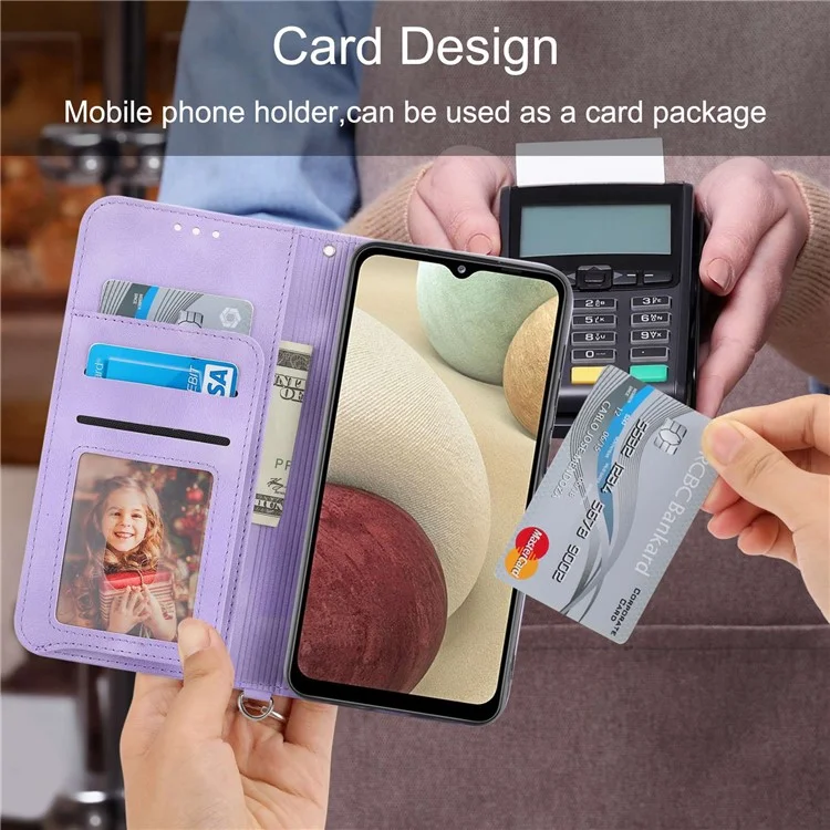 Pour Samsung Galaxy A12 Fleurs imprimées Étui en cuir PU Skin-touch Stand Étui de téléphone Fentes pour cartes multiples Portefeuille Housse avec dragonne et bandoulière - Violet clair