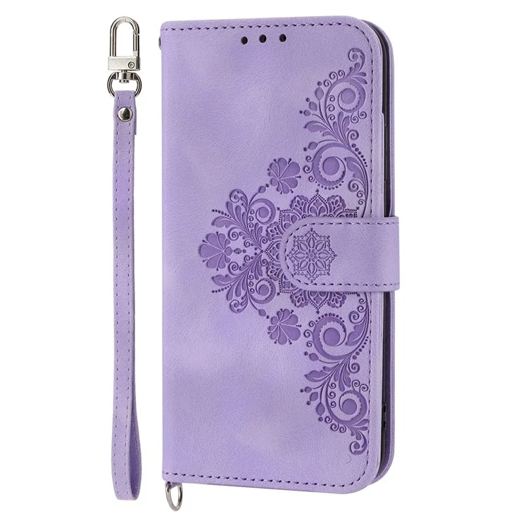 Pour Samsung Galaxy A12 Fleurs imprimées Étui en cuir PU Skin-touch Stand Étui de téléphone Fentes pour cartes multiples Portefeuille Housse avec dragonne et bandoulière - Violet clair