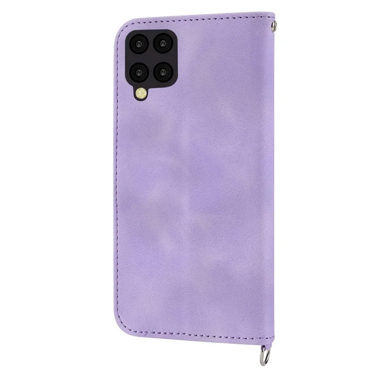 Pour Samsung Galaxy A12 Fleurs imprimées Étui en cuir PU Skin-touch Stand Étui de téléphone Fentes pour cartes multiples Portefeuille Housse avec dragonne et bandoulière - Violet clair