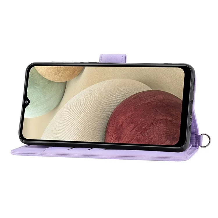 Pour Samsung Galaxy A12 Fleurs imprimées Étui en cuir PU Skin-touch Stand Étui de téléphone Fentes pour cartes multiples Portefeuille Housse avec dragonne et bandoulière - Violet clair