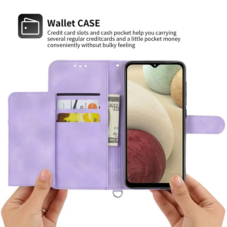 Pour Samsung Galaxy A12 Fleurs imprimées Étui en cuir PU Skin-touch Stand Étui de téléphone Fentes pour cartes multiples Portefeuille Housse avec dragonne et bandoulière - Violet clair
