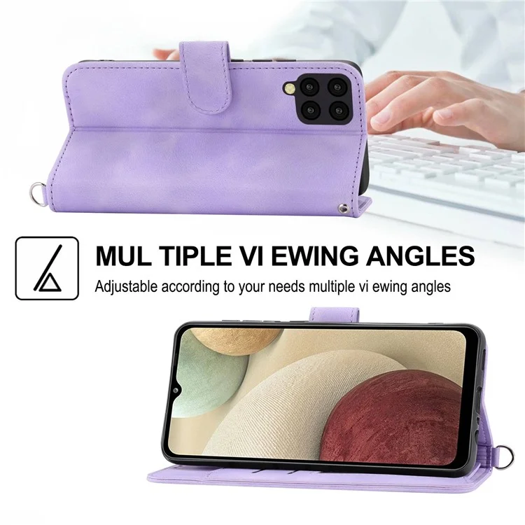 Pour Samsung Galaxy A12 Fleurs imprimées Étui en cuir PU Skin-touch Stand Étui de téléphone Fentes pour cartes multiples Portefeuille Housse avec dragonne et bandoulière - Violet clair