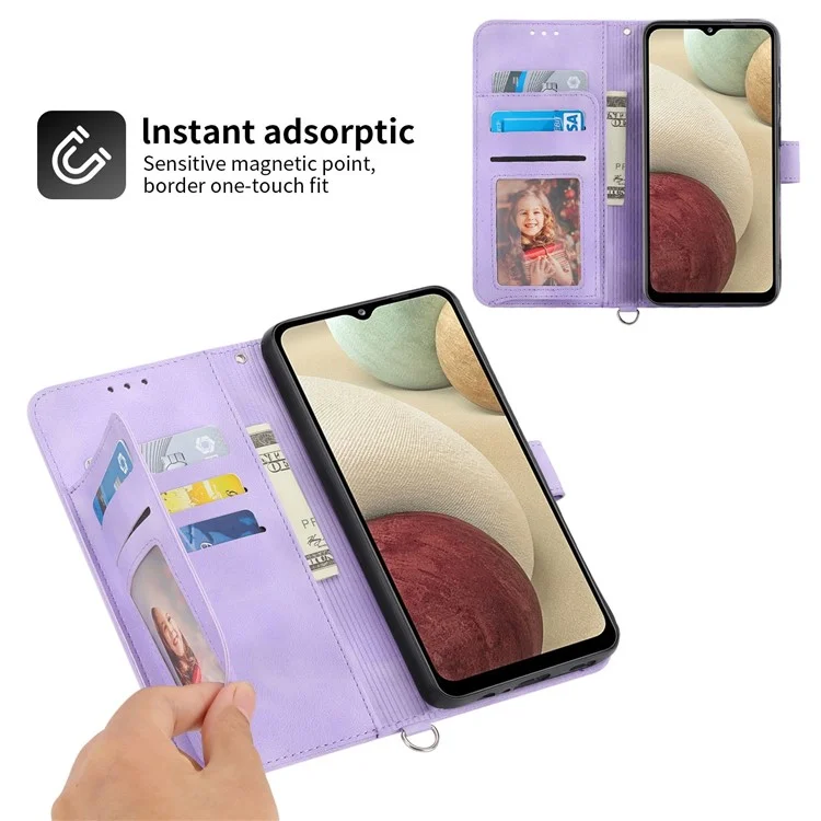 Pour Samsung Galaxy A12 Fleurs imprimées Étui en cuir PU Skin-touch Stand Étui de téléphone Fentes pour cartes multiples Portefeuille Housse avec dragonne et bandoulière - Violet clair