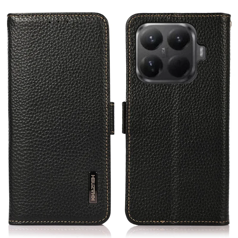 KHAZNEH for Xiaomi 15T Pro Phone Case Genuine Cow Leather Cover RFID Blocking - Black