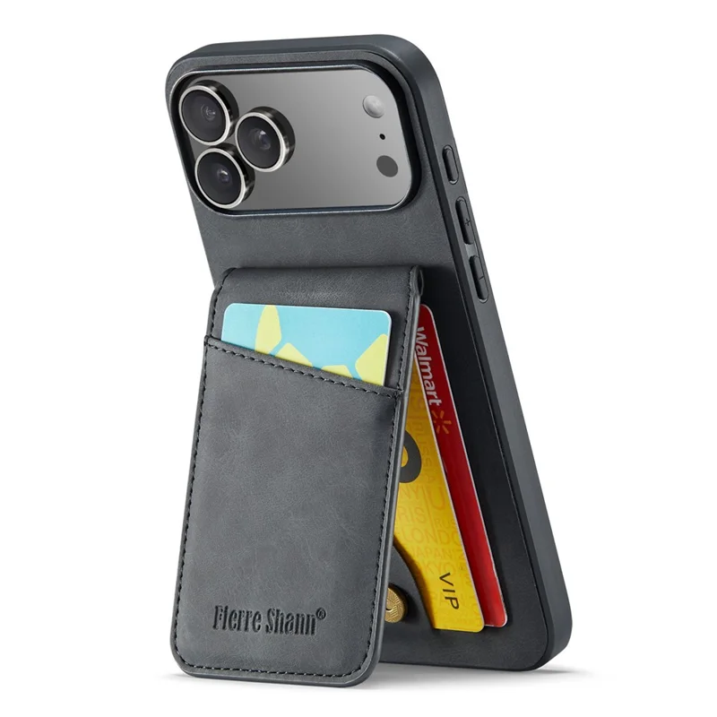 FIERRE SHANN For iPhone 17 Pro Case Card Holder Kickstand Leather RFID Blocking Back Cover - Black
