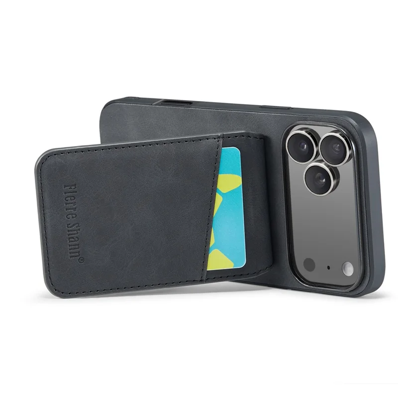 FIERRE SHANN For iPhone 17 Pro Case Card Holder Kickstand Leather RFID Blocking Back Cover - Black