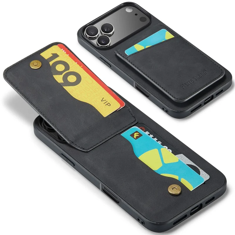 FIERRE SHANN For iPhone 17 Pro Case Card Holder Kickstand Leather RFID Blocking Back Cover - Black