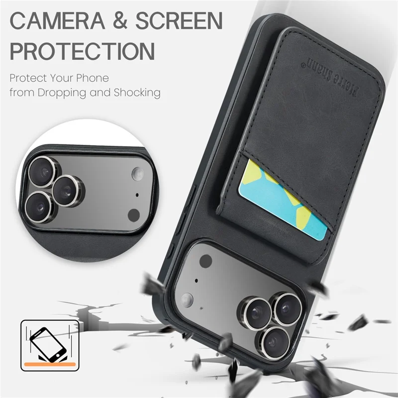 FIERRE SHANN For iPhone 17 Pro Case Card Holder Kickstand Leather RFID Blocking Back Cover - Black