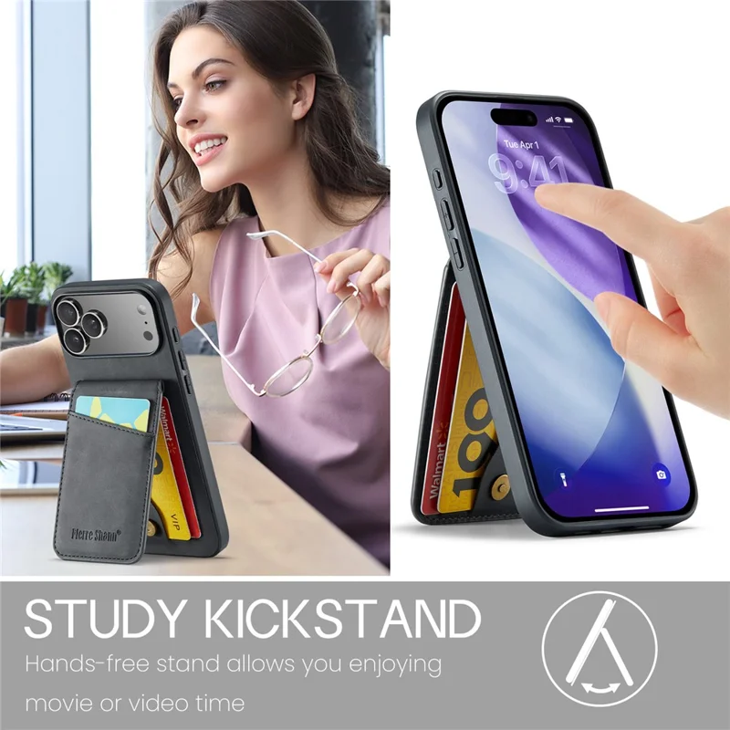 FIERRE SHANN For iPhone 17 Pro Case Card Holder Kickstand Leather RFID Blocking Back Cover - Black